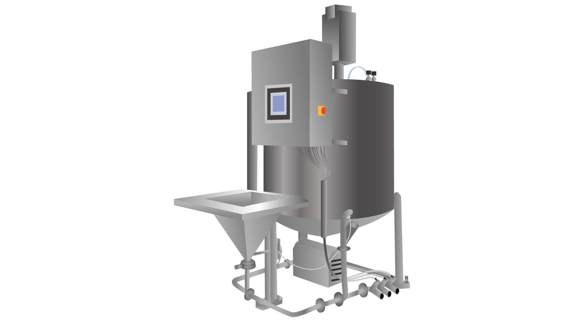 Grafika przedstawia urządzenie dozujące solankę. Widoczny jest cylindryczny pionowy zbiornik, na froncie którego w górnej części widoczny jest prostopadłościenny element z prostokątnym panelem sterującym. Poniżej widoczny jest stelaż z elementem pośrodku symbolizującym kompresor. Na froncie widoczny jest lejkowaty element u góry zakończony prostokątnie, połączony rurkami z cylindrycznym zbiornikiem.