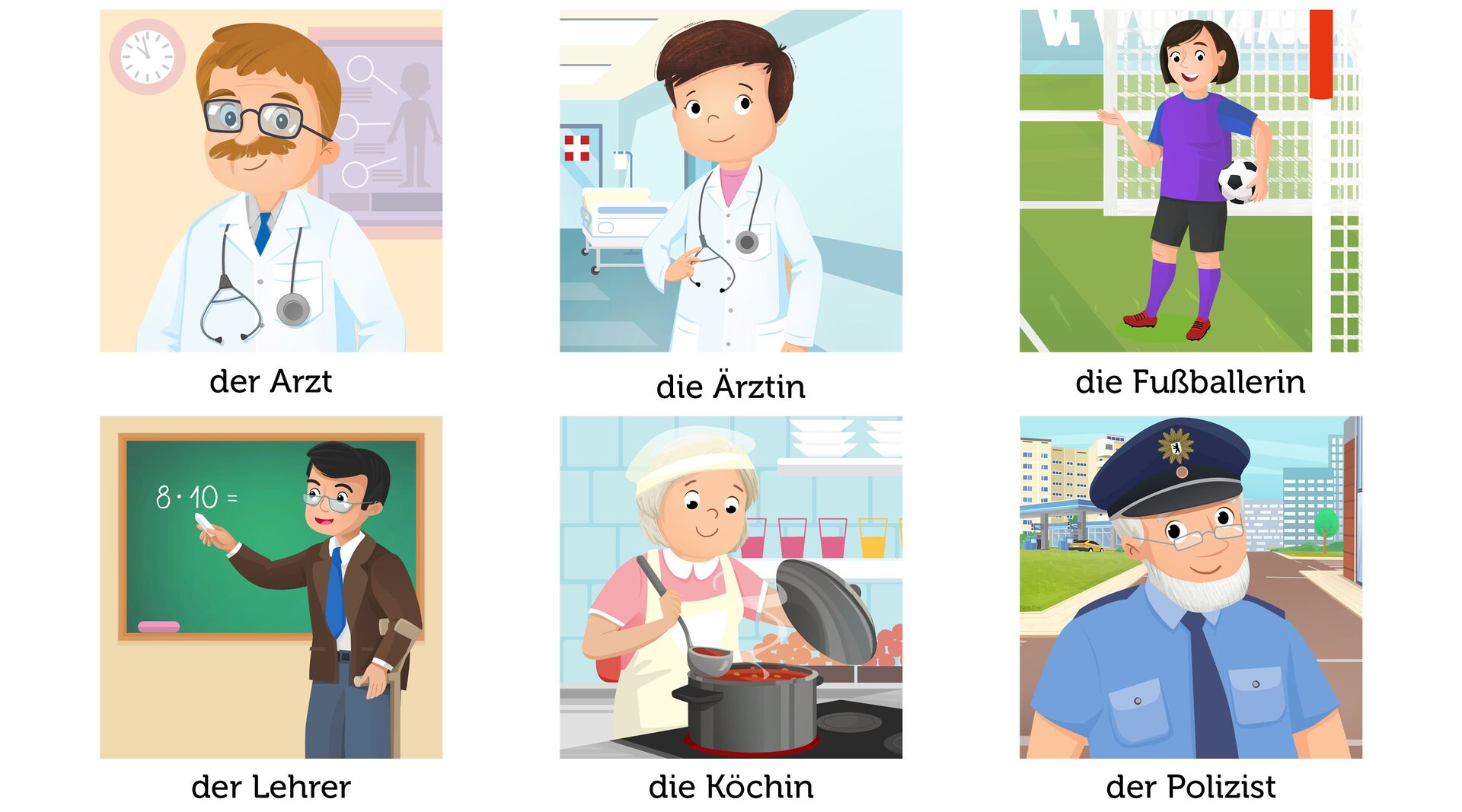 Ilustracje przedstawiają osoby wykonujące różne zawody. Kolejno są podpisane. der Arzt, die Ärztin, die Fußballerin, der Lehrer, die Köchin, der Polizist

