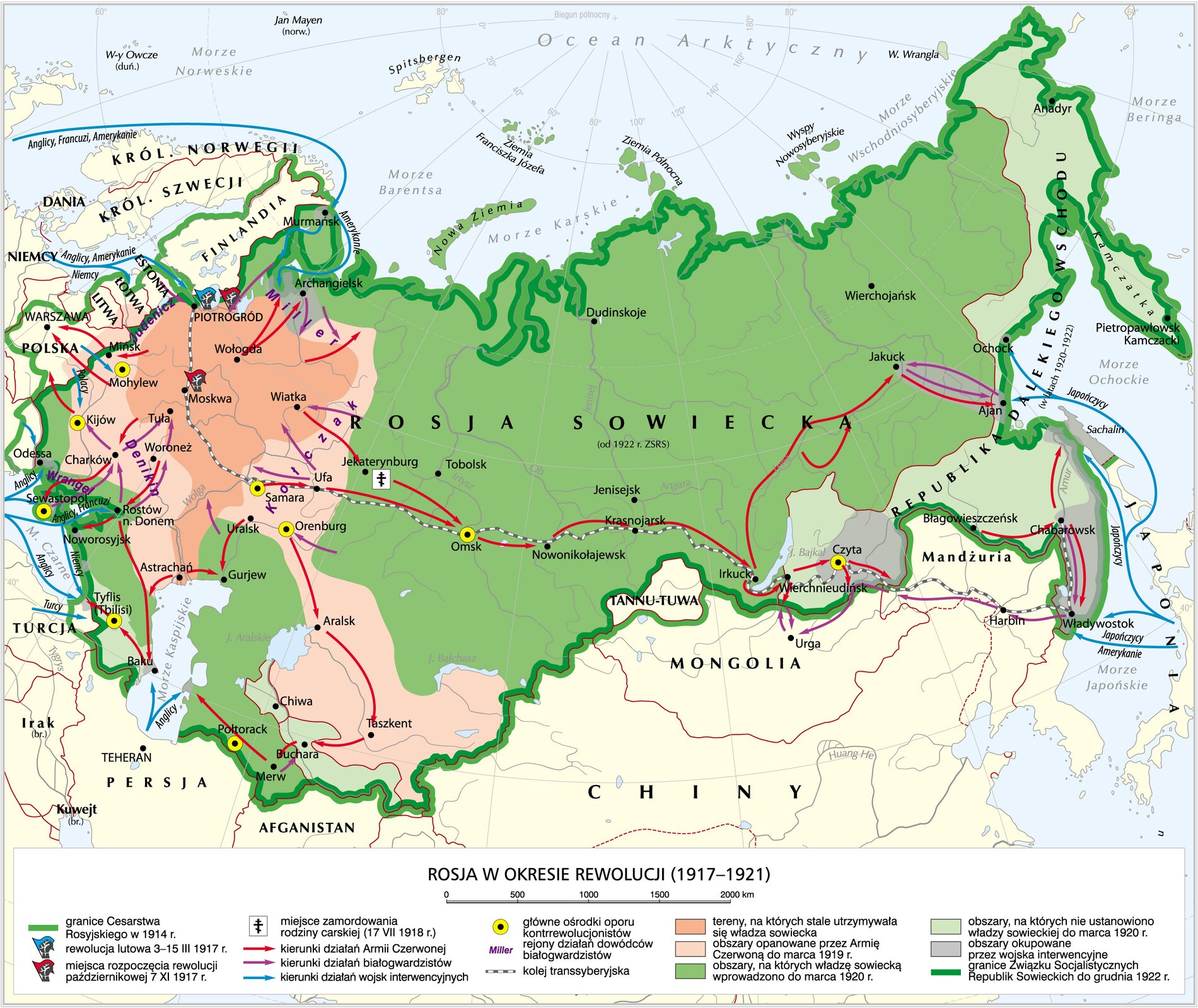 Mapa Rosji w okresie rewolucji. Zawiera informacje o rewolucji lutowej i pażdziernikowej. Na ilustracji zaznaczono granice Rosji kolorem zielonym, kolorem brązowym zaznaczono europejską część Rosji.Wskazano nazwy miast Moskwa, Leningrad