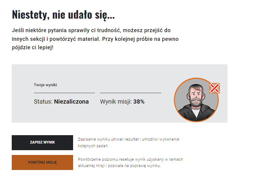 Przykładowe podsumowanie misji w grze