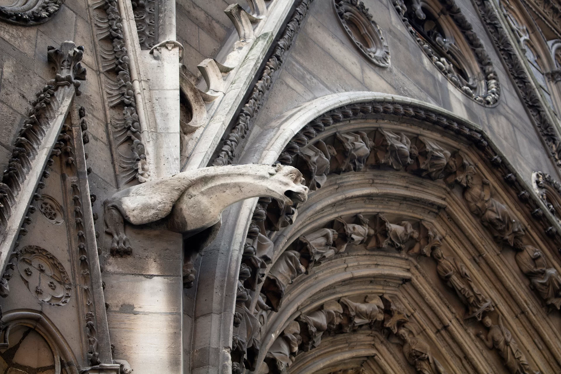 Zdjęcie przedstawia mały fragment budynku z zewnątrz. Obok portalu znajduje się rzeźba, wystająca ze ściany. Jest to stworzenie przypominające zwierzę, z długą szyją i otwartym pyskiem.