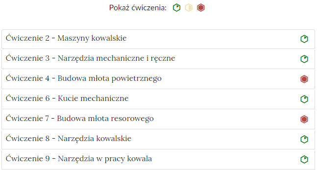 Opis alternatywny dotyczy listy pojęć z zaznaczonymi poziomami trudności. Na ekranie jest siedem elementów, z przypisanymi różnymi poziomami trudności.