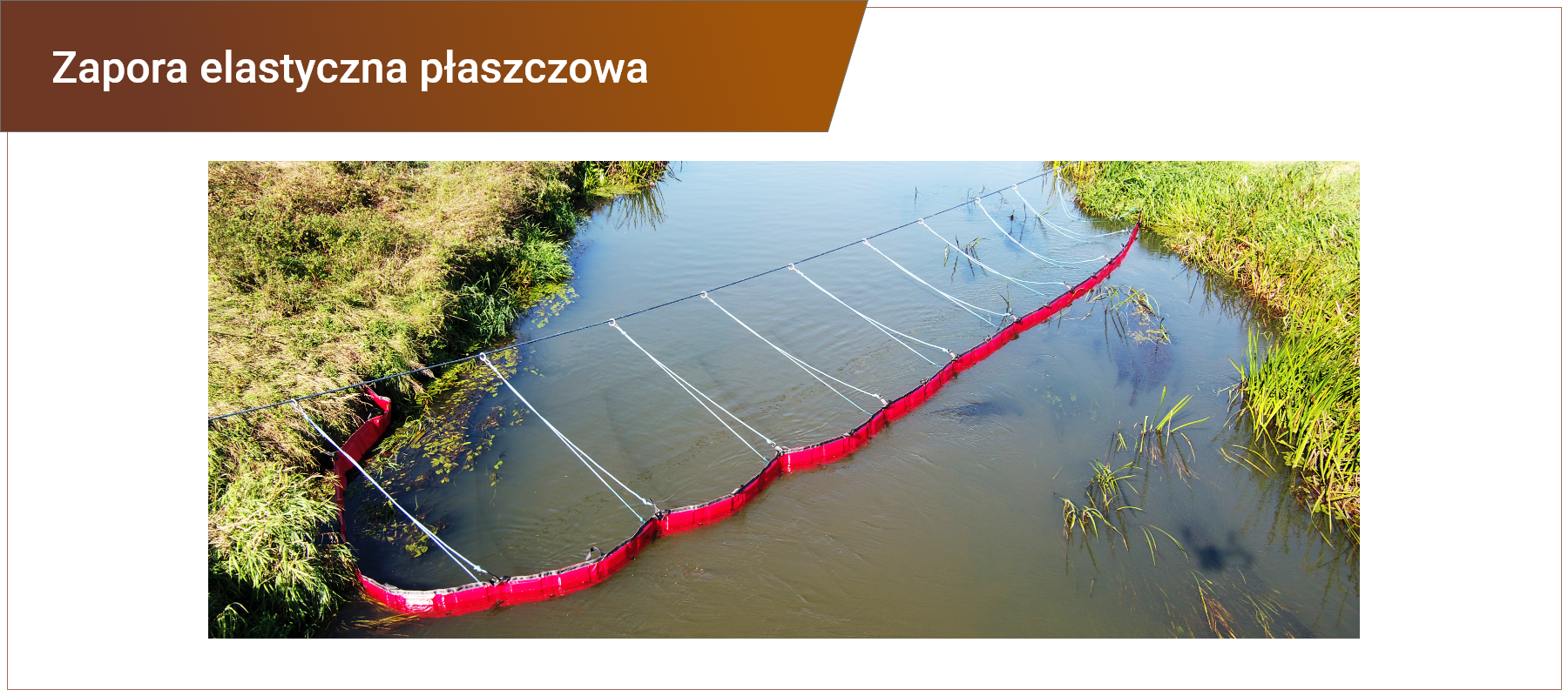 Zdjęcie w ramce z podpisem: zapora elastyczna płaszczowa. Zdjęcie przedstawia czerwoną, elastyczną zaporę płaszczową z tworzywa sztucznego, rozciągniętą w poprzek rzeki. Zapora zamocowana jest sznurami do liny rozciągniętej od brzegu do brzegu ponad poziomem wody i gruntu. Przy brzegach rzeki zielona roślinność. 