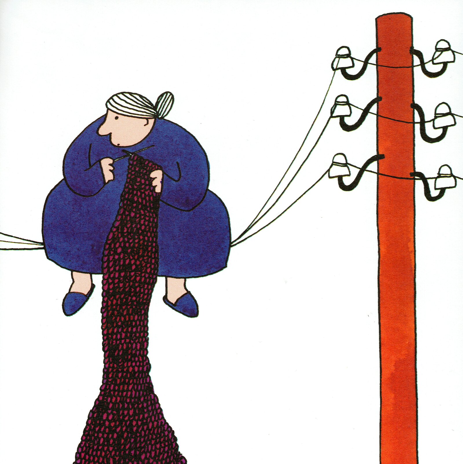 Ilustracja przedstawia grafikę z książki dla dzieci Jana Brzechwy, ukazującą starszą, grubszą kobietę. Postać siedzi na liniach wysokiego napięcia i dzierga szal na drutach.