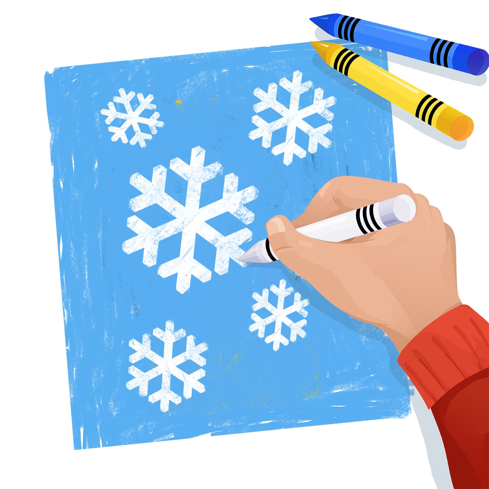Na ilustracji ukazano rękę rysującą kredkami śnieżynki na niebieskim tle.
