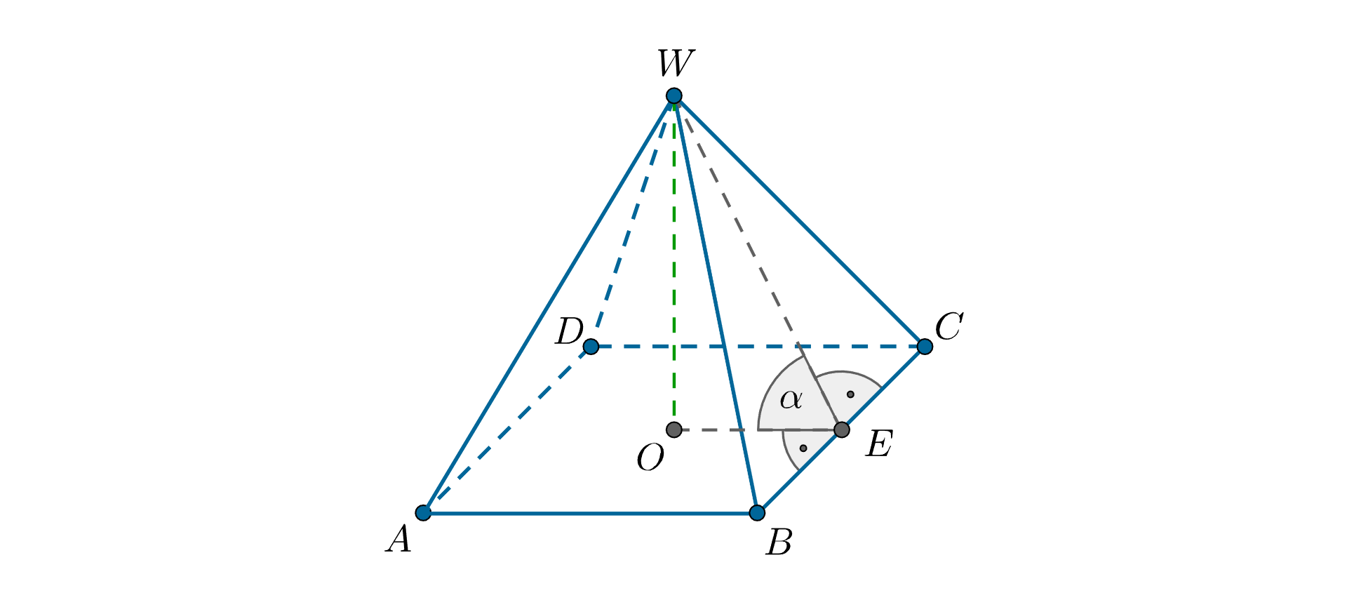 Rysunek ostrosłupa A B C D W z zaznaczonym trójkątem prostokątnym W O E, gdzie przyprostokątna WO jest wysokością ostrosłupa, a punkt E środkiem boku BC. Zaznaczony kąt W E O = alfa.