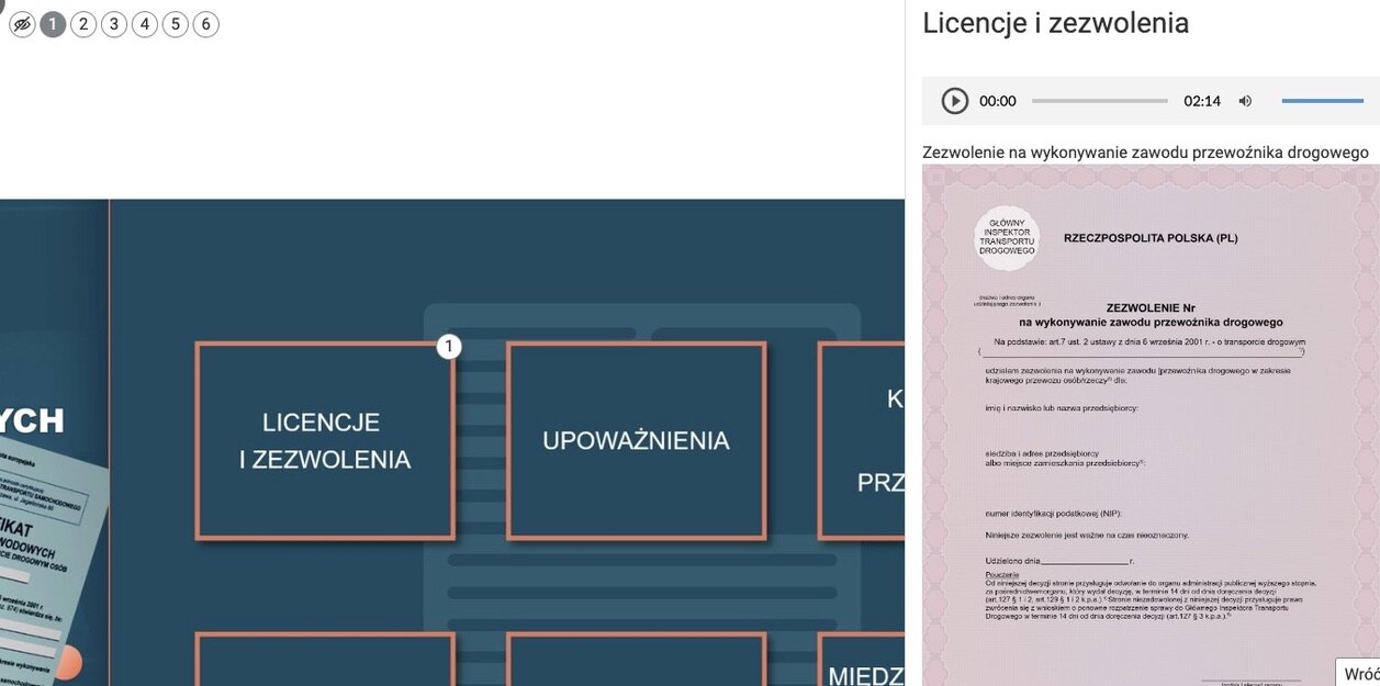 Przykładowy widok planszy interaktywnej po kliknięciu na wybrany punkt. Widoczny jest kliknięty punkt, a po prawej stronie wyświetlane jest okno ze zdjęciem, tekstem oraz nagraniem dźwiękowym z nim tożsamym.