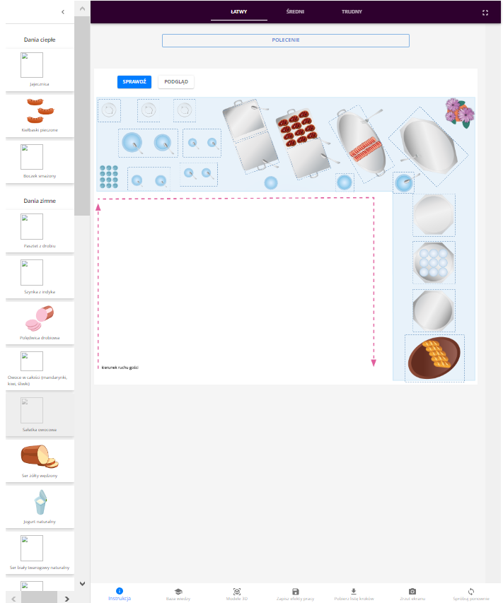 Grafika przedstawia przykładowy widok programu ćwiczeniowego zatytułowanego Bufet śniadaniowy – rozmieszczenie zastawy stołowej, sprzętu oraz potraw i napojów.