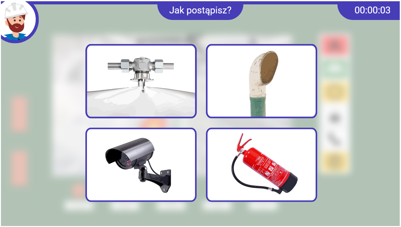 Grafika przedstawia przykładową planszę z pytaniem i odpowiedziami do wyboru z gry wcielanie się w role. W górnym lewym rogu widać ikonę postaci. Na środku u góry ekranu znajduje się pytanie: jak postąpisz. W górnym prawym rogu ekranu widać czasomierz. Pod pytaniem znajdują się cztery prostokąty z odpowiedziami do wyboru. Odpowiedzi przedstawione są w sposób graficzny. Po najechaniu na którąś z nich myszą wyświetli się jej opis.