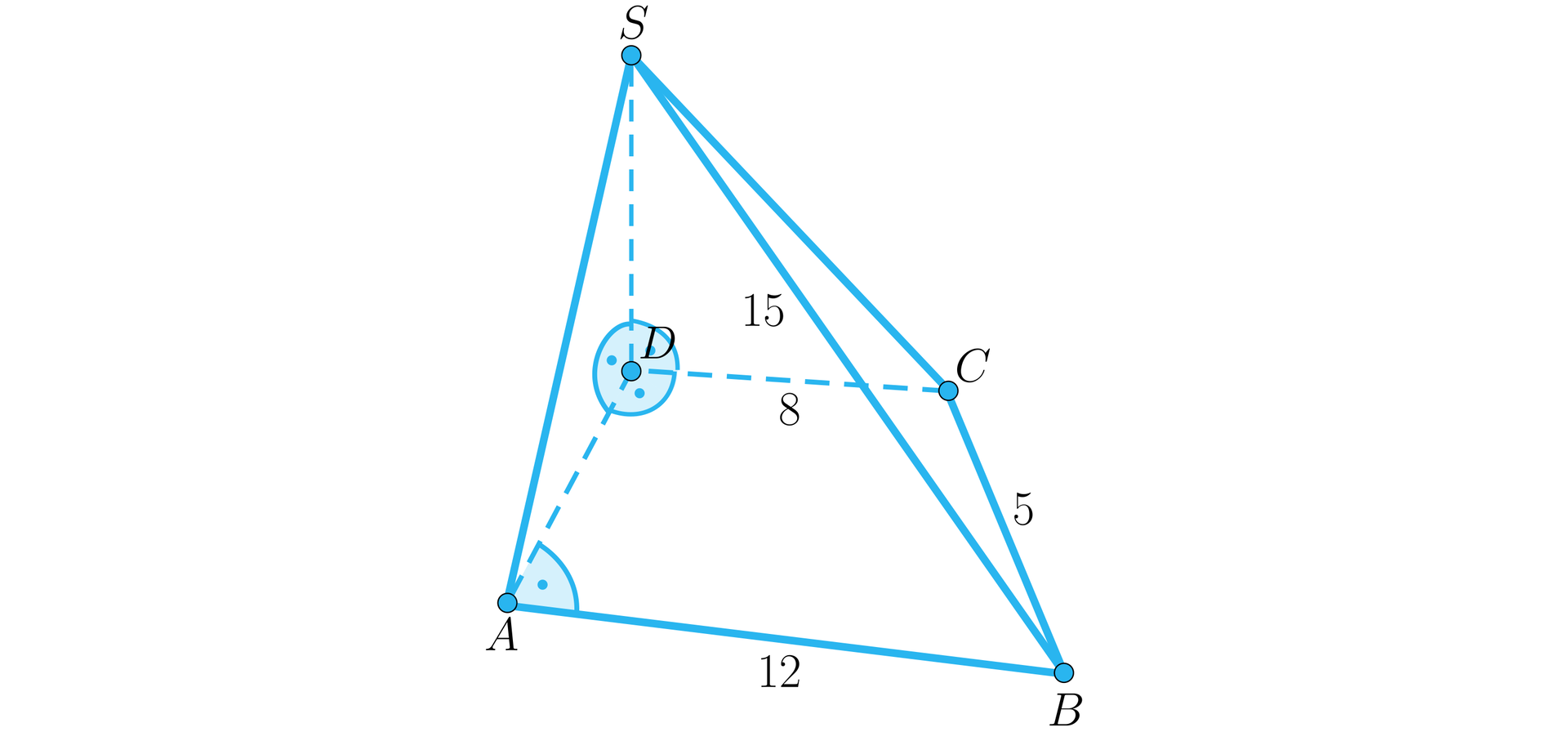 Ilustracja przedstawia ostrosłup o podstawie trapezu prostokątnego. Wierzchołki trapezu to A B C D , przy czym kąt DAB jest kątem prostym, a kąt ADC również jest kątem prostym. Dłuższa podstawa AB ma długość 12, krótsza podstawa ma długość 8, a ukośne ramię na długość pięć. Wierzchołek ostrosłupa podpisano literą S. Krawędź SD jest pod kątem prostym do krawędzi podstawy. Krawędź BS ma długość piętnaście.