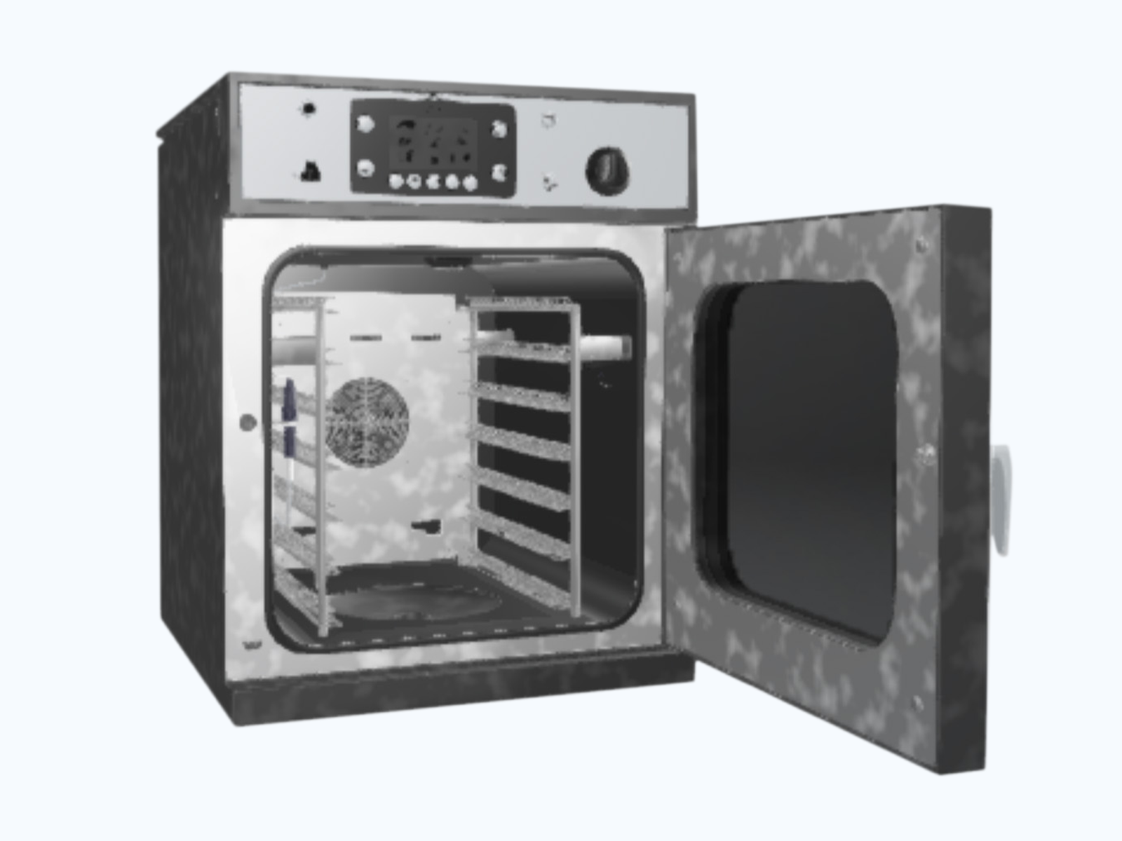 Ilustracja przedstawia wykonany ze stali nierdzewnej piec. We frontowej części urządzenia zamontowano na górze wyświetlacz z przyciskami do regulacji. Po jego prawej pokrętło. Poniżej widoczne otwarte drzwiczki pustego pieca konwekcyjnego. 