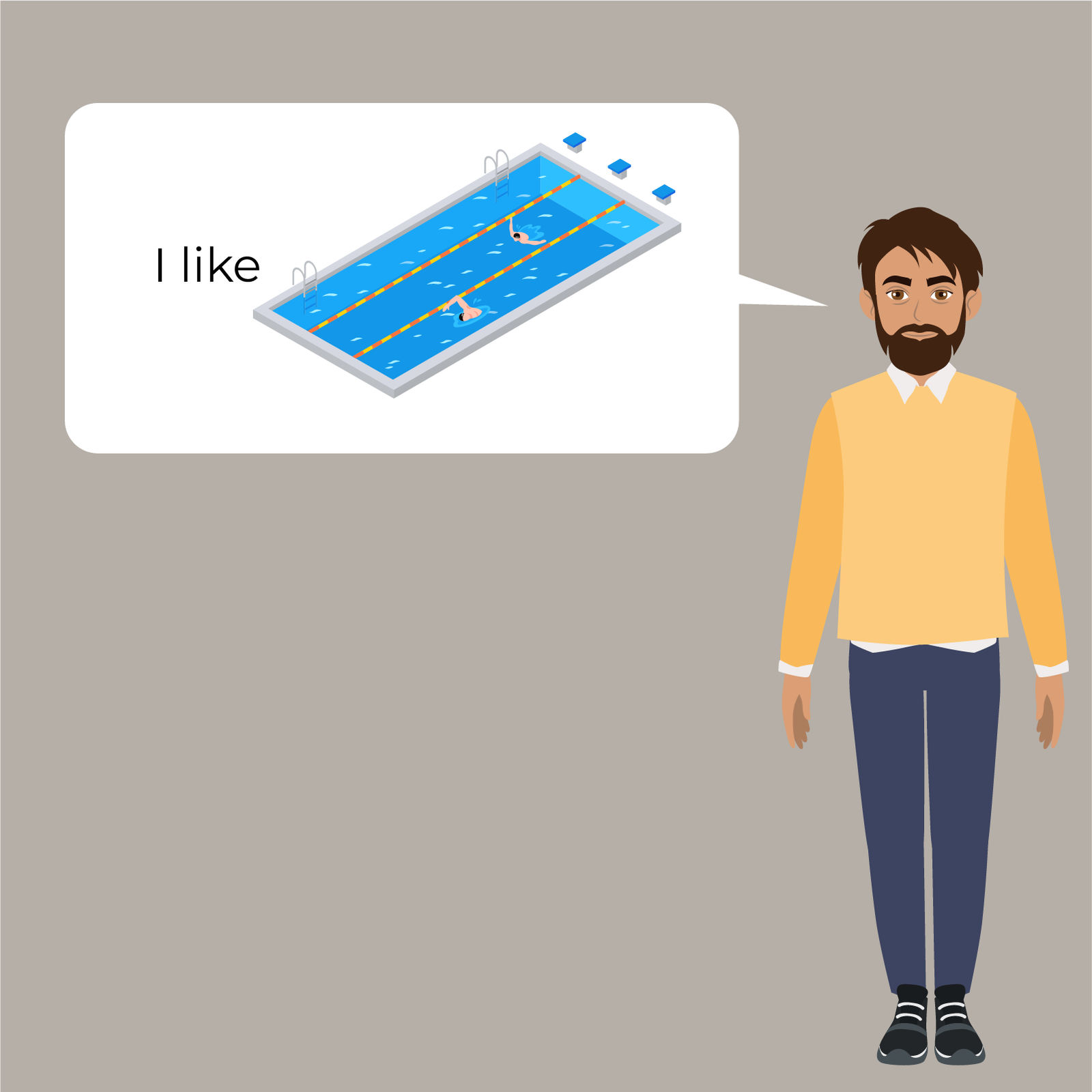 Ilustracja przedstawia mężczyznę z zadbanym zarostem, ubranego w żółty sweter i niebieskie spodnie. Od jego twarzy odchodzi chmurka z tekstem  I like  tu pojawia się grafika przedstawiająca basen z wytyczonymi torami, w którym pływają dwie osoby.