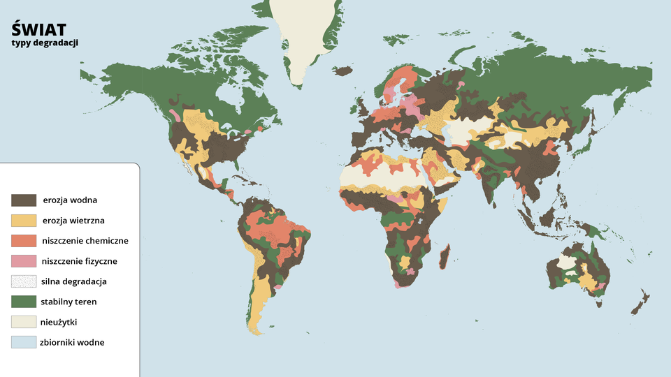 Mapa świata przedstawia obszary z różnymi typami degradacji gleb. Erozja wodna niszczy gleby w północno‑zachodniej oraz wschodniej części USA, w Meksyku, na północy, wschodzie oraz w środkowej części Ameryki Południowej, w środkowej i południowej części Afryki, na znacznych obszarach Europy - szczególnie w krajach na południu Europy, w krajach Europy Wschodniej, w środkowej części Azji i w Azji Południowej, w Indonezji i Malezji, w zachodniej, północnej, centralnej i wschodniej części Australii, na Nowej Zelandii. Erozja wietrzna niszczy gleby na następujących obszarach: północna i południowa część Stanów Zjednoczonych, zachodnie i południowe rejony Ameryki Południowej, środkowa część Afryki, znaczna część Półwyspu Arabskiego, południowo‑zachodnia część Rosji, środkowa część Azji, południowe obszary Australii. Silna degradacja dotyczy Grenlandii, północnej części Afryki (Sahara), terenów na wschód od Morza Kaspijskiego, obszaru w środkowej części Azji, północno‑zachodniego obszaru Australii. Niszczenie chemiczne występuje na wschodnich obszarach Ameryki Środkowej, na znacznych obszarach wschodniej oraz północnej części Ameryki Południowej, na północy Afryki oraz w środkowej części Czarnego Lądu, w Skandynawii i w Europie Północnej, we wschodnich Chinach. Niszczenie fizyczne występuje w centralnej Afryce, w Europie Wschodniej. Stabilny teren to między innymi północna część Ameryki Północnej (Kanada), obrzeża Grenlandii, Rosja.                  