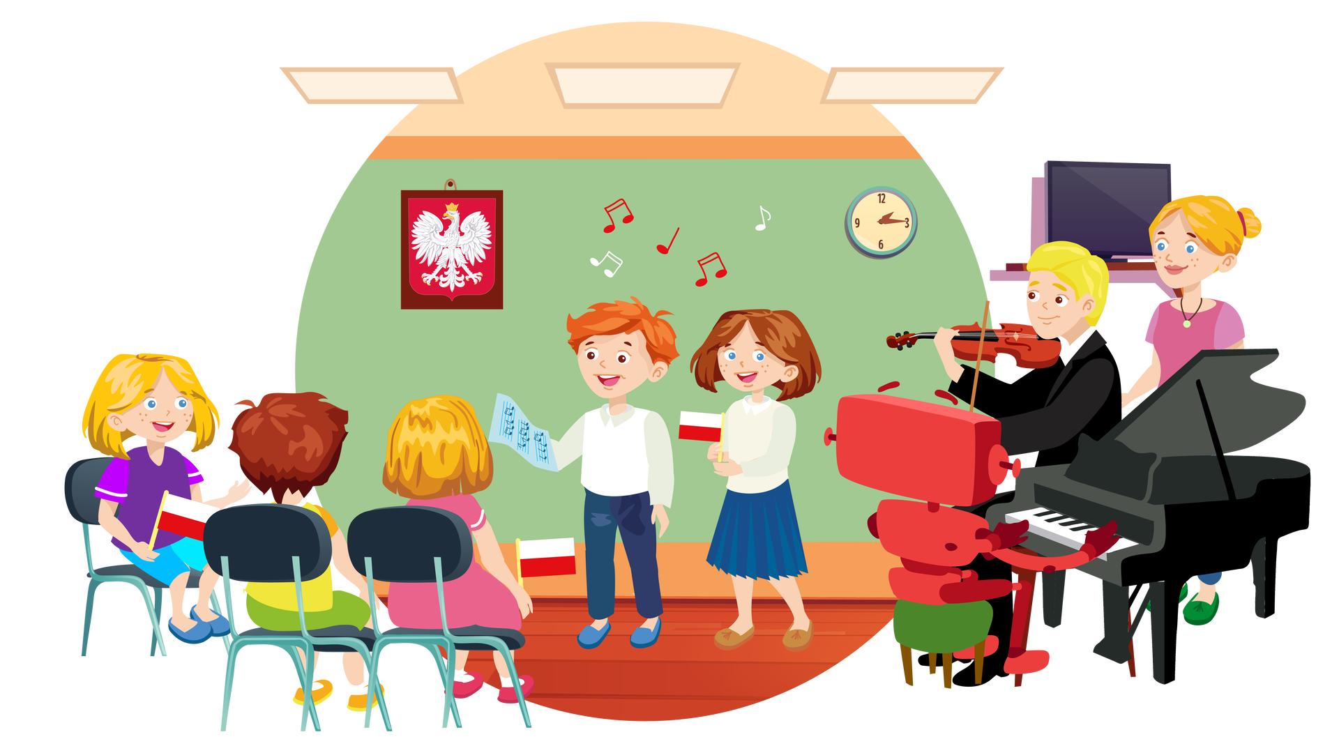 Ilustracja przedstawia salę szkolną. W tle widać zielono‑pomarańczową ścianę, na której, po lewej stronie, wisi godło Polski w brązowej ramie. Godło przedstawia Orła Białego w złotej koronie. Po prawej stronie wisi okrągły turkusowy zegar ze wskazówkami, a obok niego brązowa półka, na której stoi płaski telewizor. Na suficie widać trzy prostokątne, płaskie lampy. Na środku pomieszczenia, na drewnianej podłodze, stoją Franek i Maja. Franek jest ubrany w białą koszulę z długimi rękawami i kołnierzykiem, długie granatowe spodnie i ciemnoniebieskie buty. W prawej ręce trzyma kartkę z zapisem nutowym polskiego hymnu. Maja jest ubrana w białą koszulę z długimi rękawami i kołnierzykiem, granatową spódnicę do kolan i brązowe buty. W prawej ręce trzyma małą biało‑czerwoną flagę Polski. Franek i Maja śpiewają hymn. Nad nimi unoszą się białe i czerwone nutki. Po prawej stronie pomieszczenia stoi nauczycielka. Ma blond włosy upięte w kok. Jest ubrana w różową bluzkę z krótkimi rękawami, długie ciemnoniebieskie spodnie i ciemnozielone buty. Na szyi ma naszyjnik. Patrzy na Franka i Maję. Obok nauczycielki siedzi blondwłosy mężczyzna ubrany w białą koszulę z kołnierzykiem, czarny garnitur i czarne buty. Gra na brązowych skrzypcach. Przed mężczyzną stoi czarny fortepian z zielonym krzesełkiem, na którym siedzi Zgrzytek. Jest to czerwony robot o prostokątnej głowie z krótkimi antenkami zamiast uszu, dwiema rękami i dwiema nogami. Robot gra na pianinie. Na pierwszym planie, po lewej stronie pomieszczenia, stoją trzy czarne krzesła. Na pierwszym z nich siedzi blondwłosa dziewczynka ubrana w ciemnofioletową koszulkę z krótkimi fioletowymi rękawami, krótkie błękitne spodnie i ciemnoniebieskie buty. W prawej ręce trzyma małą biało‑czerwoną flagę Polski. Na prawo od dziewczynki siedzi tyłem brązowowłosy chłopiec ubrany w żółtą koszulkę z krótkimi pomarańczowymi rękawami, krótkie jasnozielone spodnie, białe skarpety i pomarańczowe buty z żółtymi podeszwami. Na prawo od chłopca siedzi tyłem blondwłosa dziewczynka ubrana w różową sukienkę z krótkimi rękawami, białe skarpety i ciemnoróżowe buty. Wszystkie dzieci patrzą na Franka i Maję.