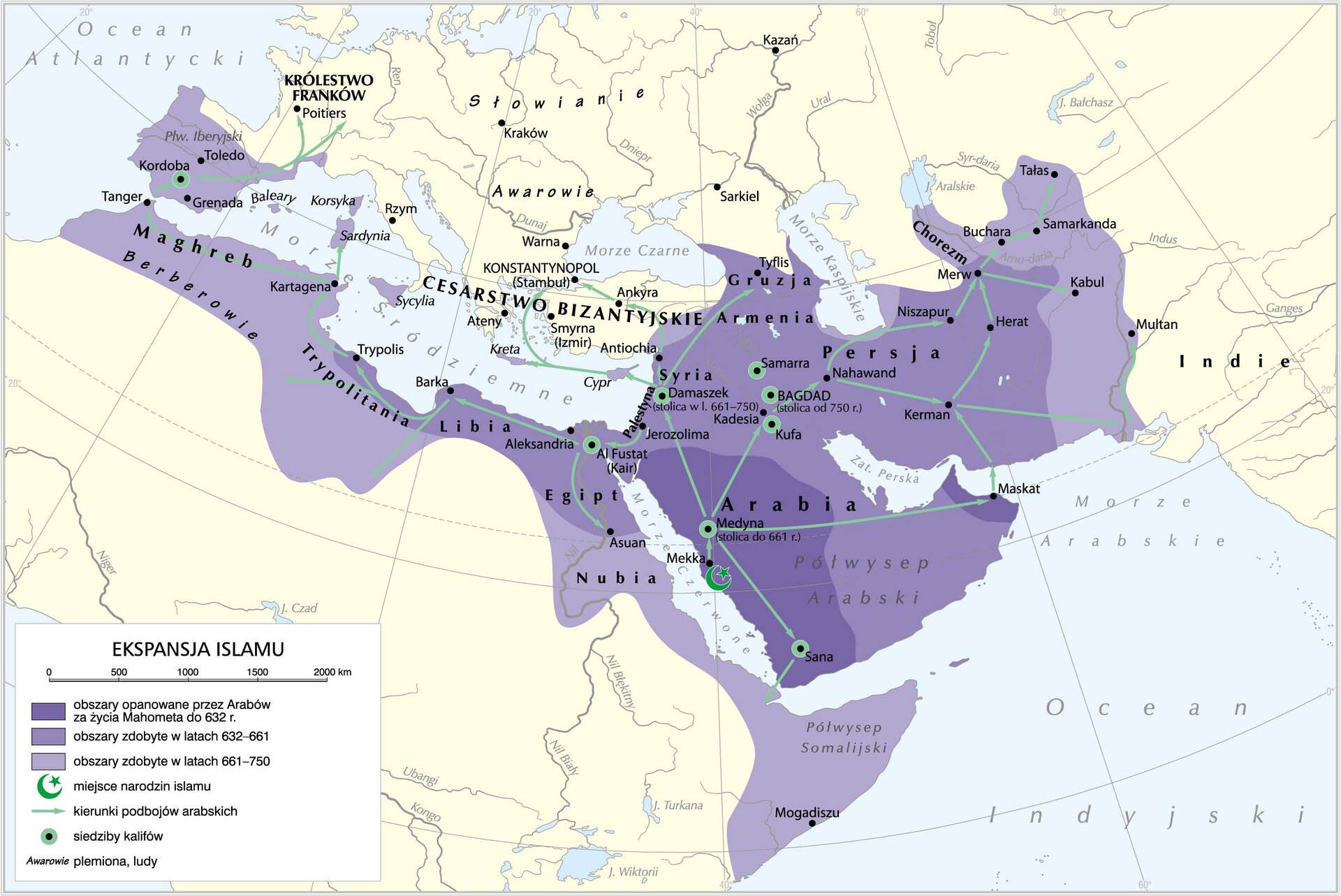 Mapa przedstawia obszar Europy i Azji oraz północnej Afryki. Na mapie ukazana jest ekspansja Islamu. Wskazana jest Mekka jako miejsce narodzin Islamu, Medyna jako stolica do 661 roku, Damaszek jako stolica w latach 661 - 750 i Bagdad jako stolica do 750 roku. Wskazane są obszary opanowane przez Arabów za życia Mahometa do 632 roku naszej ery na zachodniej części Półwyspu Arabskiego wokół Medyny oraz na wschodniej części Półwyspu wokół miasta Maskat. Oznaczone są także obszary zdobyte w latach 632 - 661: środkowa i wschodnia część Półwyspu Arabskiego oraz Palestyna, Syria, Armenia, Gruzja, Persja, a także północna część Afryki z Egiptem, Libią i Trypolitanią. Kolejne oznaczone obszary to te zdobyte w latach 661 - 750. Są to tereny Azji Południowej (obszar dzisiejszego Afganistanu) i Afryki: Półwysep Somalijski, Nubia, Maghreb, a także w Europie Półwysep Iberyjski, Sardynia, Korsyka i Sycylia. Zaznaczono także kierunki podbojów arabskich z Mekki do Medyny, a następnie do Sany (i na Półwysep Somalijski). Z Medyny: 1. do Maskatu i do Kermanu i Mulanu, 2. do Kufy, Bagdadu, Nahawandu, Niaszpur, Merw, Kabulu, Buchary, Samarkandy, Tałas. 3. Do Jerozolimy, Damaszku, Stambułu, Antiochii, Ankary, Tyfilisu, Al Fusty, Asuan, Barki, Trypolisu, Kartageny, Tangeru aż do Kordoby i do Króleswta Franków. Wskazane są także siedziby kalifów w: Medynie, Sanie, Al Fustat, Damaszku, Kufie, Bagdadzie, Samarze, Kordobie. 