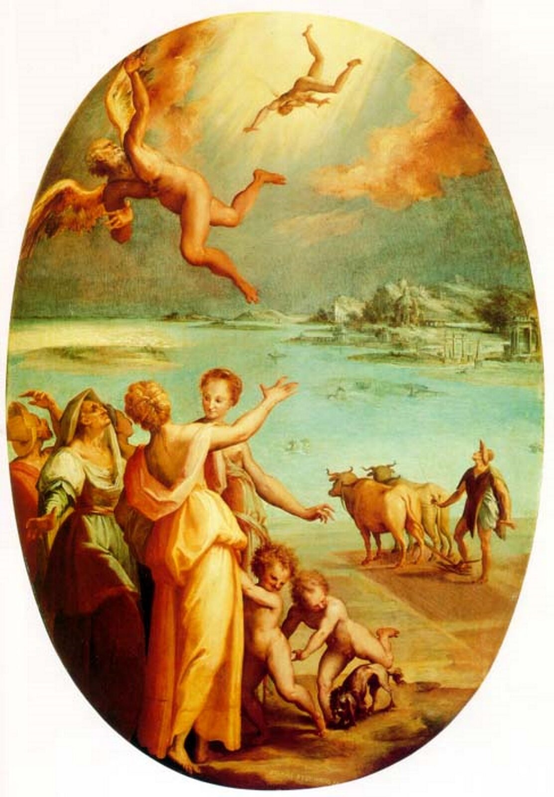 Obraz „Dedal i Ikar” autorstwa Maso da San Friano w kształcie spłaszczonego po bokach okręgu ukazuje nadmorski brzeg, ludzi stojących na plaży oraz Dedala i Ikara podczas lotu. Na brzegu morza zebrani ludzie obserwują lecących mężczyzn. Dwoje dzieci bawi się z psem. Oracz, orzący ziemię wołami zaprzężonymi do pługa, przerwał pracę i patrzy w górę. Dedal leci pierwszy, ale spogląda do tyłu na syna, który nie ma już skrzydeł u ramion i spada głową w dół. Zebrani na plaży ludzie gestykulują i przysłaniają dłońmi oczy, ponieważ świeci jasne słońce.