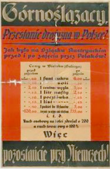 Plakat w czarno‑czerwonych barwach. Polskie napisy głoszące: Górnoślązacy, pozostańcie przy Niemczech!