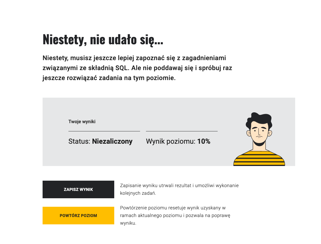 Ekran podsumowujący gry. Napis Niestety, nie udało się. Na szarym pasku widoczna jest okrągła grafika mężczyzny w pomarańczowej bluzce w czarne paski. Obok umieszczone są informacje o wyniku poziomu. Poniżej czarny panel z napisem ZAPISZ WYNIK oraz pomarańczowy panel z napisem POWTÓRZ POZIOM.