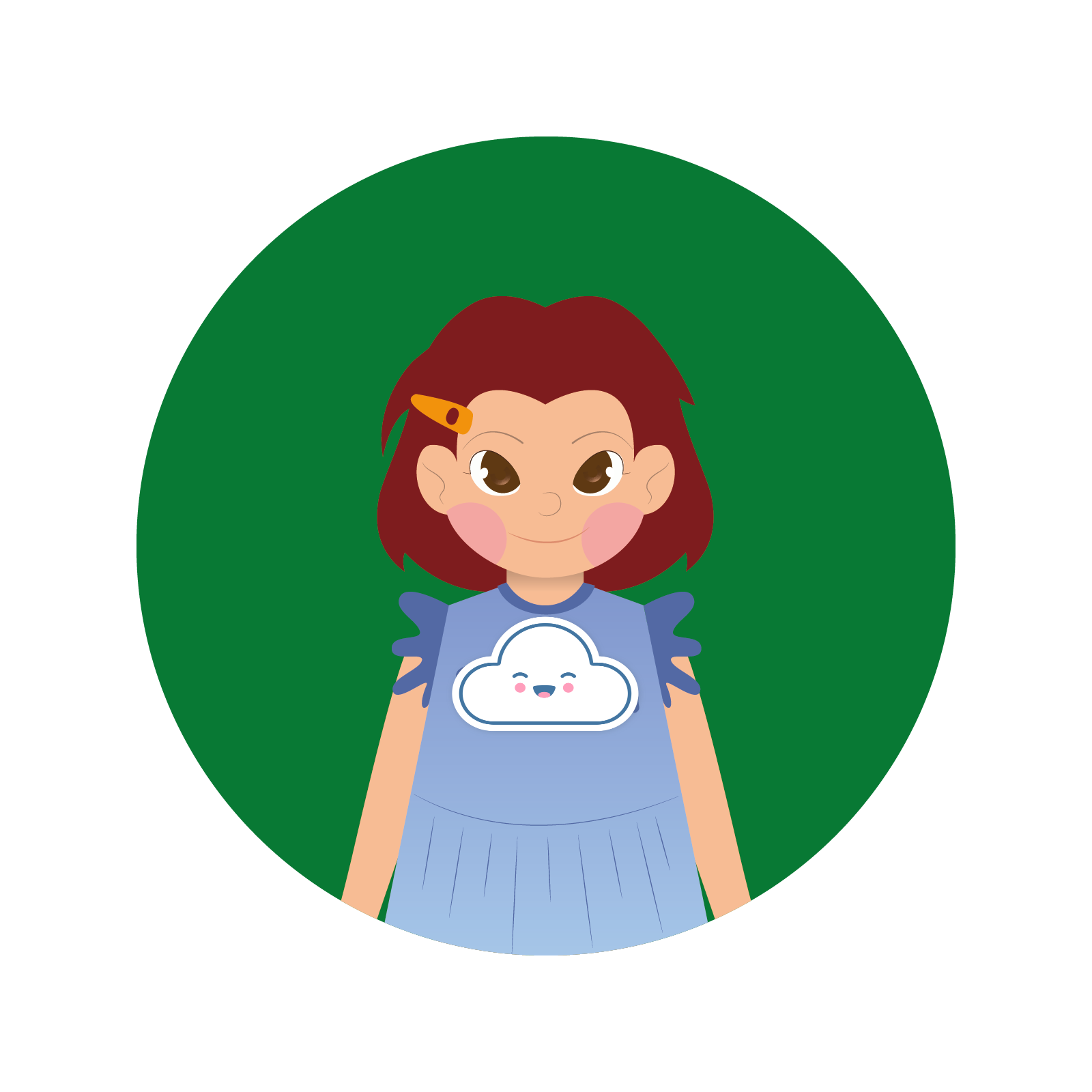Ilustracja przedstawia dziewczynkę w niebieskiej sukience z uśmiechniętą chmurką. 