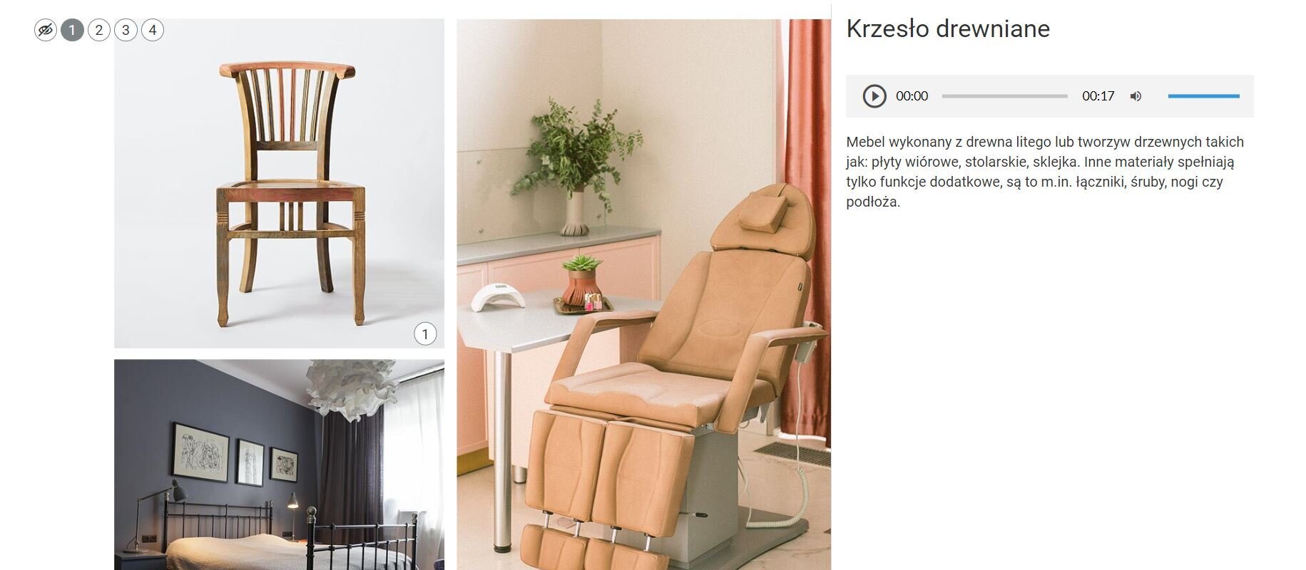 Grafika prezentuje przykładowy wygląd planszy ze znacznikami oraz odtwarzacza audio. Znajdują się na niej zdjęcia pierwszej części planszy: zdjęcie drewnianego krzesła, pod nim zdjęcie dużego łóżka z metalowym stelażem, a po prawej stronie dużego rozkładanego fotela obitego brązową skórą. Każde z nich posiada znacznik. Znaczniki znajdują się również w górnym lewym rogu ekranu. Po prawej stronie ramka z opisem pierwszego zdjęcia i paskiem odtwarzania audio.