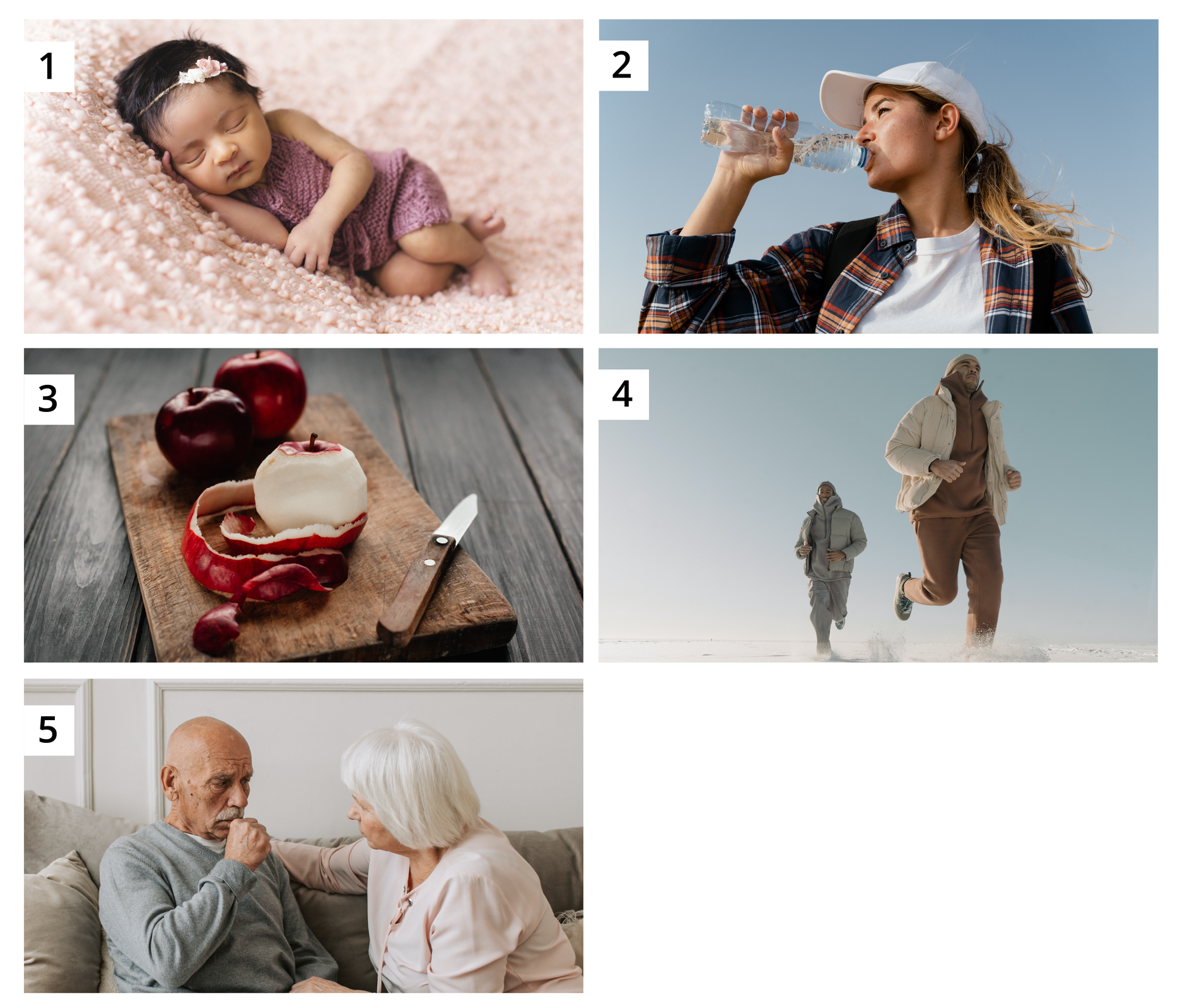 Ilustracja składa się z pięciu ponumerowanych zdjęć, które przedstawiają:
niemowlę, które śpikobietę, która pije wodę z butelkiobrane jabłko, które leży na drewnianej descedwie biegnące osobystarszego mężczyznę, który kaszle. Obok niego widoczna jest starsza kobieta.