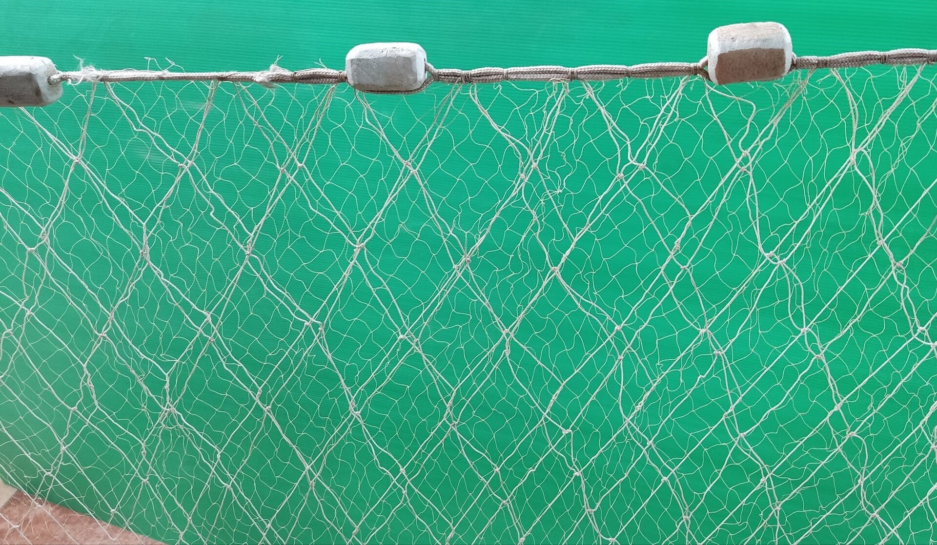 Zdjęcie przedstawia nadborę. Jest to górna część sieci rybackiej, do której przymocowane są pływaki.