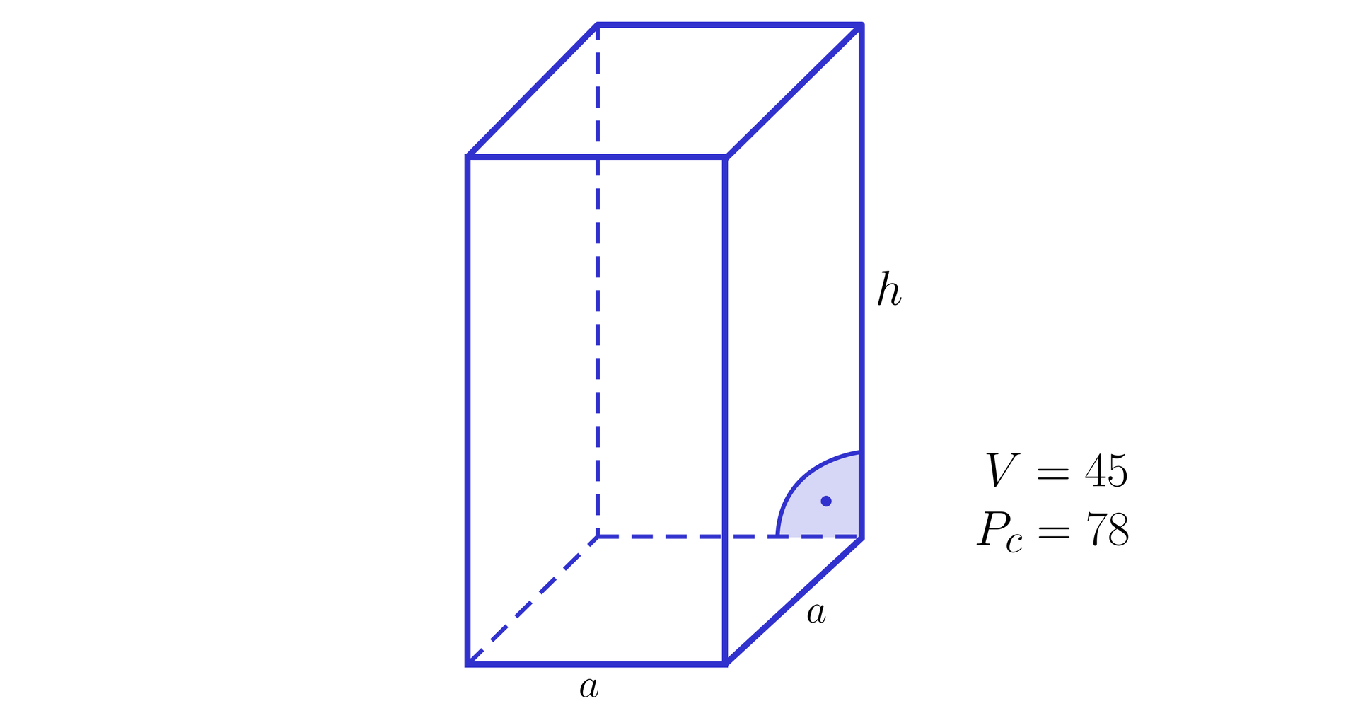 Na ilustracji przedstawiono graniastosłup prawidłowy czworokątny o objętości równej 45 i polu całkowitym równym siedemdziesiąt osiem. Krawędź podstawy graniastosłupa oznaczono a, natomiast wysokość oznaczono h.
