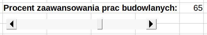 Ilustracja przedstawia fragment arkusza. Na tle komórek jest poziomy pasek ze strzałkami, powyżej paska napis: Procent zaawansowania prac budowlanych: 65.   