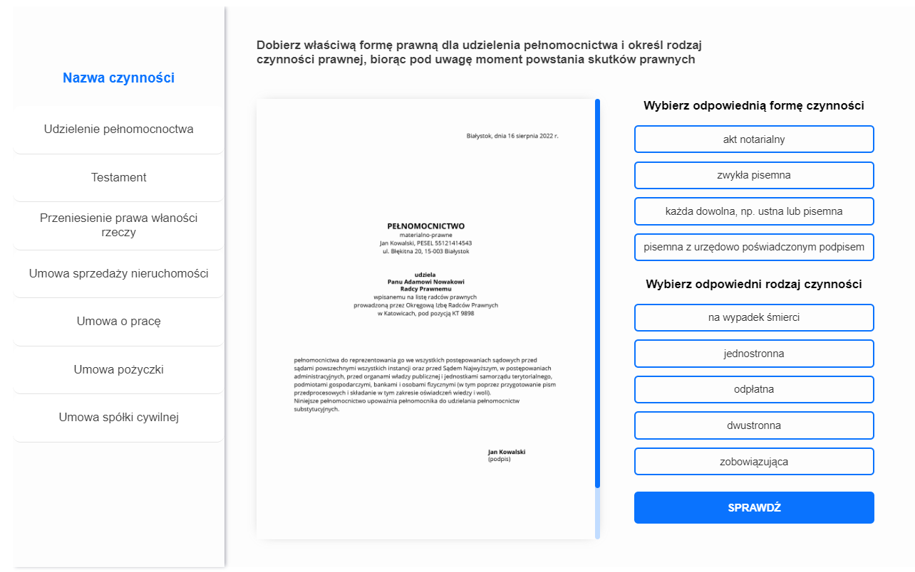 Ekran programu ćwiczeniowego do projektowania przez dobieranie