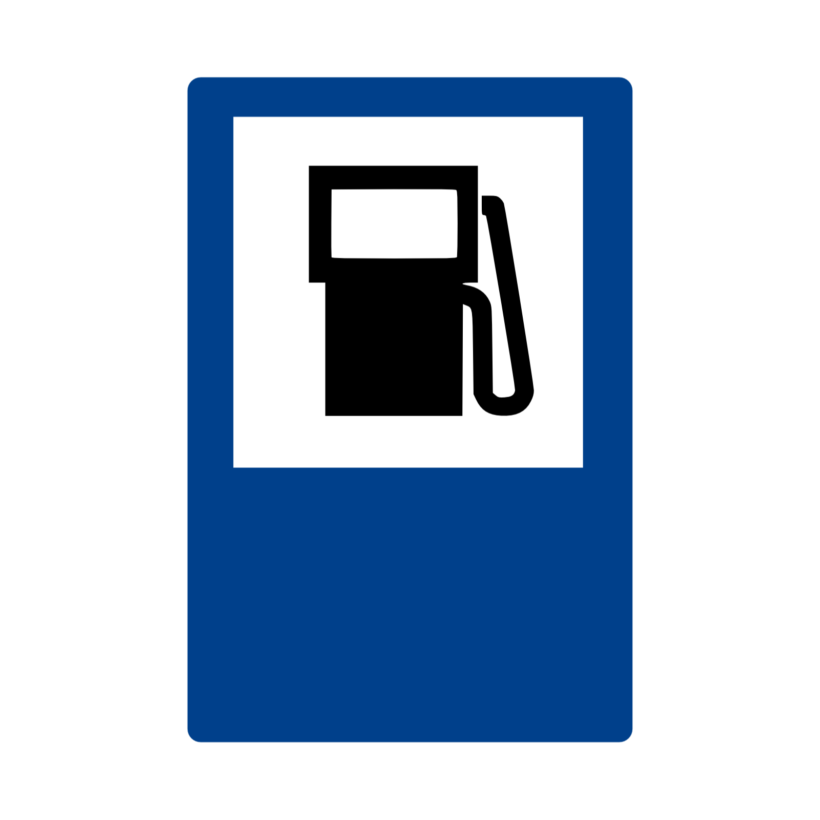 Ilustracja przedstawia znak informujący o stacji paliw. Znak jest prostokątny. Na znaku znajduje się symbol przedstawiający dystrybutor.