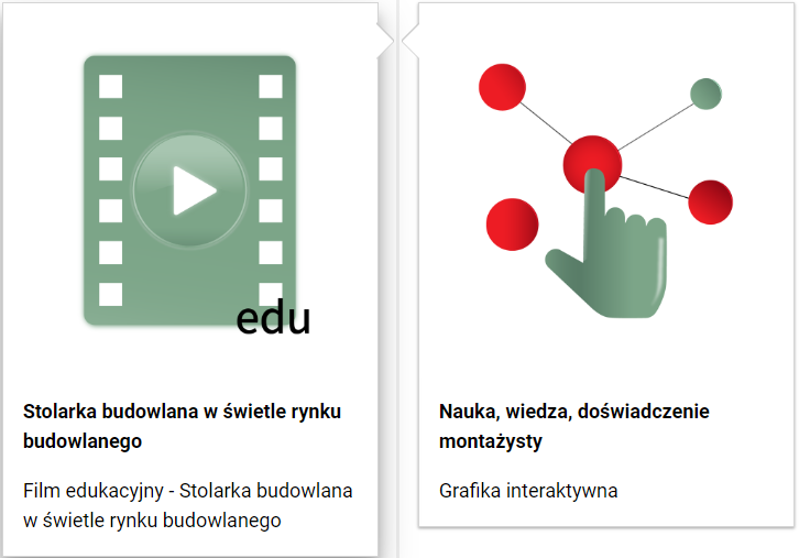 Zdjęcie przedstawia przykładowy wygląd spisu treści. Składa się on z dwóch kafelków z grafikami, które posiadają podpisy. Na podpis składa się tytuł oraz rodzaj multimedium.