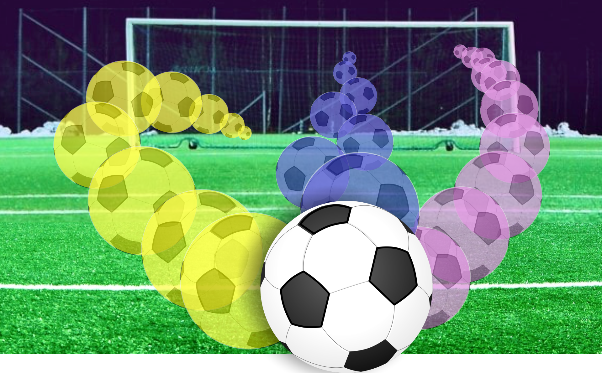 Rysunek przedstawia piłkę nożną na tle murawy boiska piłkarskiego. Na pierwszym planie piłka nożna, w oddali bramka na czarnym tle. Od piłki odchodzą trzy tory oddanego strzału na bramkę w postaci ciągów piłek o różnej barwie. Jeden ciąg jest po łuki z lewej strony, drugi pośrodku i trzeci po łuku z prawej strony.