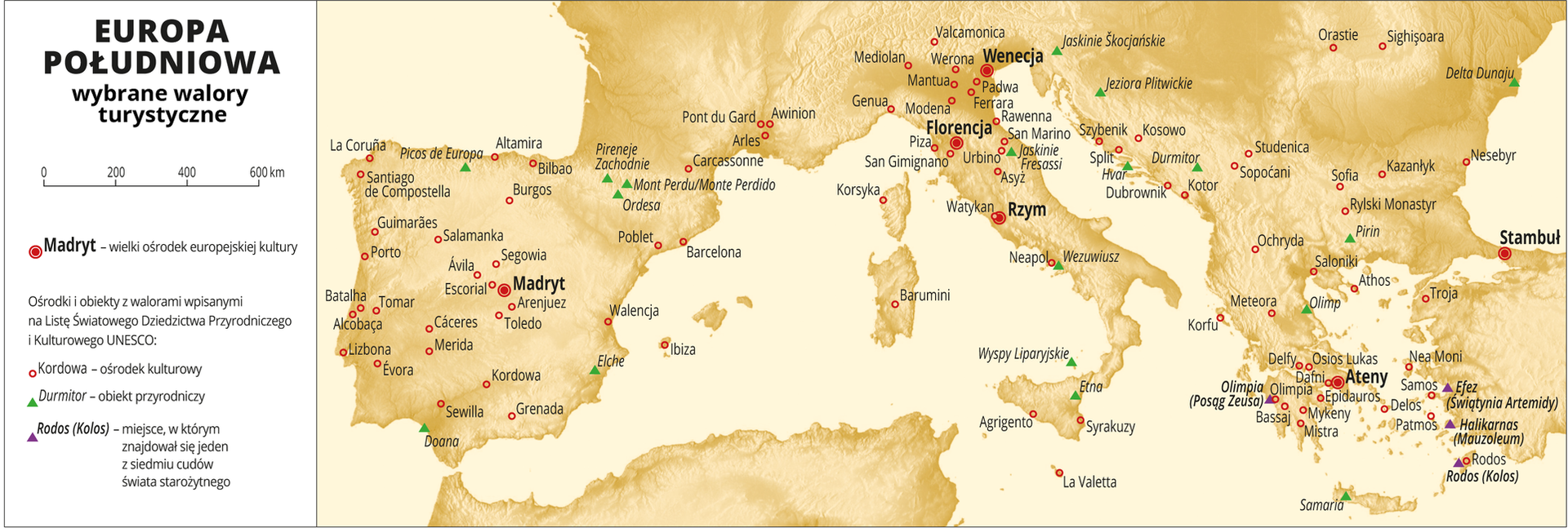 Ilustracja przedstawia mapę Europy Południowej i jej najwybitniejsze walory krajoznawcze. Na mapie sygnaturami zaznaczono sześć miast, które są wielkimi ośrodkami europejskiej kultury. Są to: Madryt, Rzym, Florencja, Wenecja, Ateny i Stambuł. Czerwonymi kółkami oznaczono ośrodki kulturowe, są to mniejsze miasta na terenie Europy Południowej. Zielonymi trójkątami zaznaczono obiekty przyrodnicze, są to np. Doana W Hiszpanii Etna i Wezuwiusz we Włoszech czy Olimp w Grecji. Ośrodki kulturowe i obiekty przyrodnicze opisane są w legendzie: z walorami wpisanymi na Listę Światowego Dziedzictwa Przyrodniczego i Kulturowego UNESCO. Dodatkowo fioletowymi trójkącikami oznaczono miejsca, w których znajdowały się jedne z siedmiu cudów starożytnego świata, są to Olimpia Posąg Zeusa w Grecji i Efez (Świątynia Artemidy), Halikarnas (Mauzoleum) i Rodos (Kolos) w Turcji.