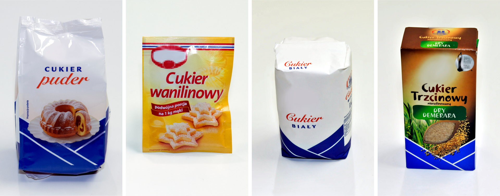 Ilustracja przedstawia różne typy cukrów.Cukier puder, cukier wanilinowy, cukier biały, cukier trzcinowy.
