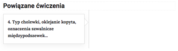 Grafika przedstawia widok na przyciski ćwiczeń powiązanych. W ramce tytuł: 4. Typ cholewki, oklejanie kopyta, oznaczenia szwalnicze międzypodszewek.