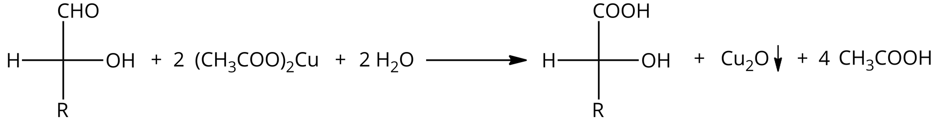 Ilustracja przedstawiająca schemat reakcji chemicznej z odczynnikiem Barfoeda. Cząsteczka zbudowana z grupy CH połączonej z podstawnikiem R, grupą CHO oraz grupą hydroksylową OH, dodać dwie cząsteczki octanu miedzi, dodać dwie cząsteczki wody. Strzałka w prawo, za strzałką cząsteczka o strukturze grupa CH połączona z podstawnikiem R oraz grupą hydroksylową OH i grupą karboksylową COOH, dodać cząsteczka tlenku miedzi(<math aria‑label="jeden">I) w postaci osadu, dodać cztery cząsteczki kwasu octowego.