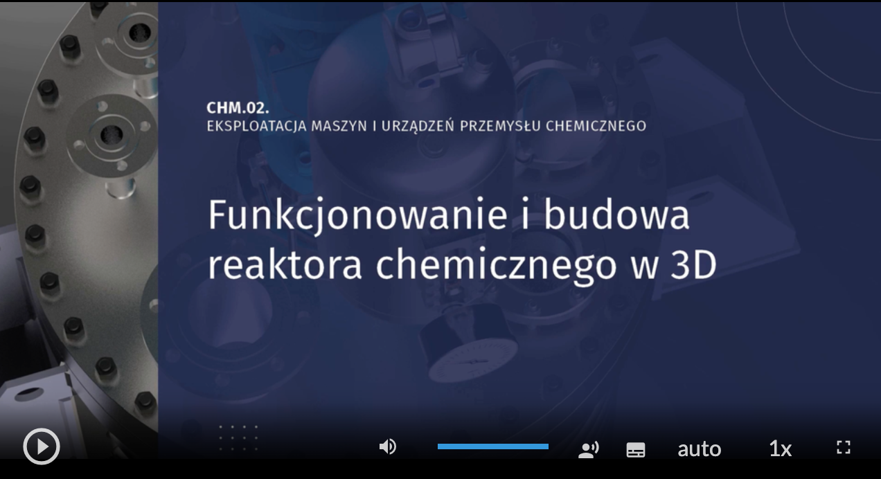 Grafika przedstawia wygląd okna, w którym prezentowana jest animacja CHM 02, eksploatacja maszyn i urządzeń w przemyśle chemicznym: Funkcjonowanie i budowa reaktora chemicznego w 3D. W tle widoczna jest pokrywa urządzenia służącego do produkcji. W dolnej części okna zamieszczono pasek odtwarzacza z ikonami umożliwiającymi nawigację, zmianę głośności i informacją o szybkości odtwarzania filmu.
