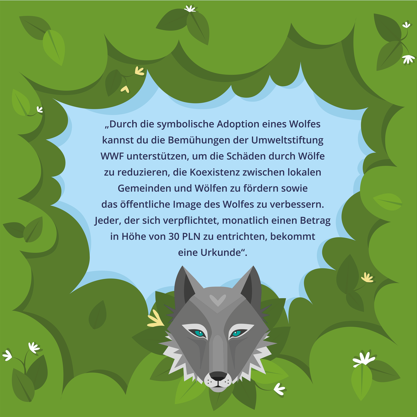 Grafika przedstawia tekst na niebieskim tle, wokół którego znajduje się gęsta roślinność. Z zielonych liści wyłania się na dole głowa wilka. Treść tekstu jest następująca: „Durch die symbolische Adoption eines Wolfes kannst du die Bemühungen der Umweltstiftung WWF unterstützne, um die Schäden durch Wölfe zu reduzieren, die Koexistenz zwischen lokalen Gemeinden und Wölfen zu fördern sowie das öffentliche Image des Wolfes zu verbessern. Jeder, der sich verpflichtet, monatlich einen Betrag in Höhe von 30 PLN zu entrichten, bekommt eine Urkunde”.