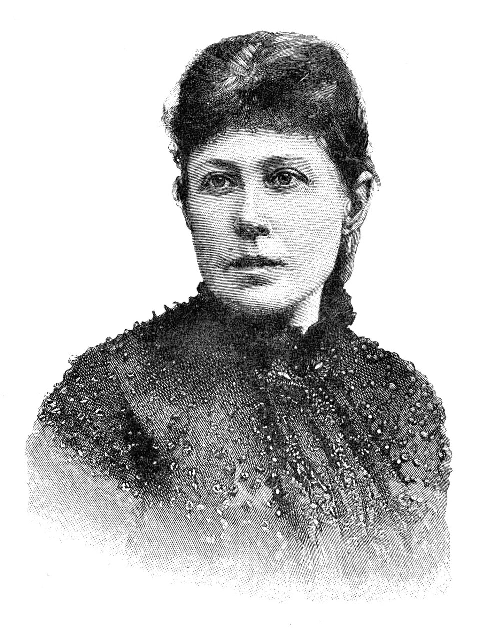 Ilustracja przedstawia portret dojrzałej kobiety. Postać ukazuje owalną twarz. Kobieta obraca głowę w swoją prawą stronę. Ma długie, ciemne włosy zaczesane ku górze i spięte z tyłu. Kobieta ma wyraziste brwi i oczy. Jej nos jest prosty, mocno zarysowany. Ma dość duże usta. Jest ubrana w suknię wyszywaną koralikami, z koronkowym kołnierzykiem.