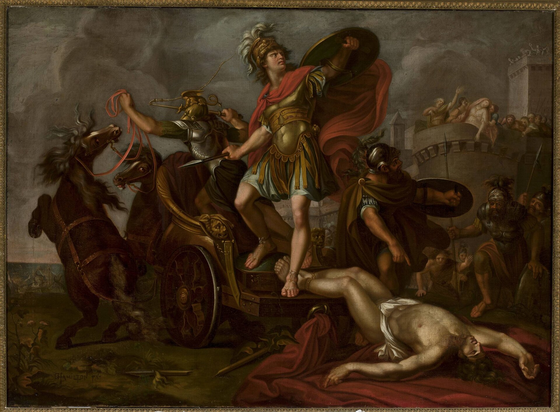 Ilustracja przedstawia dzieło Gavin Hamiltona pt. "Achilles z ciałem Hektora". Mężczyzna w złotej zbroi, z podniesioną głową stoi na rydwanie, u jego stóp leży nagi mężczyzna, okryte ma tylko biodra. Leży na ziemi, na czerwonym materiale, jego stopy przywiązane są do rydwanu. Rydwan zaprzężony jest w dwa konie, powozi nim jeden z wojowników, konie są wzburzone, przedstawione w ruchu, jeden z nich stoi na dwóch tylnych nogach. Z prawej strony obrazu widać dwóch wojowników w zbrojach, jeden z nich pokazuje palcem wskazującym na ciało ciągniętego Hektora. W oddali widać miasto, na jego murach stoją przerażeni ludzi, jedna z kobiet, w omdleniu, podtrzymywana jest przez inne kobiety.