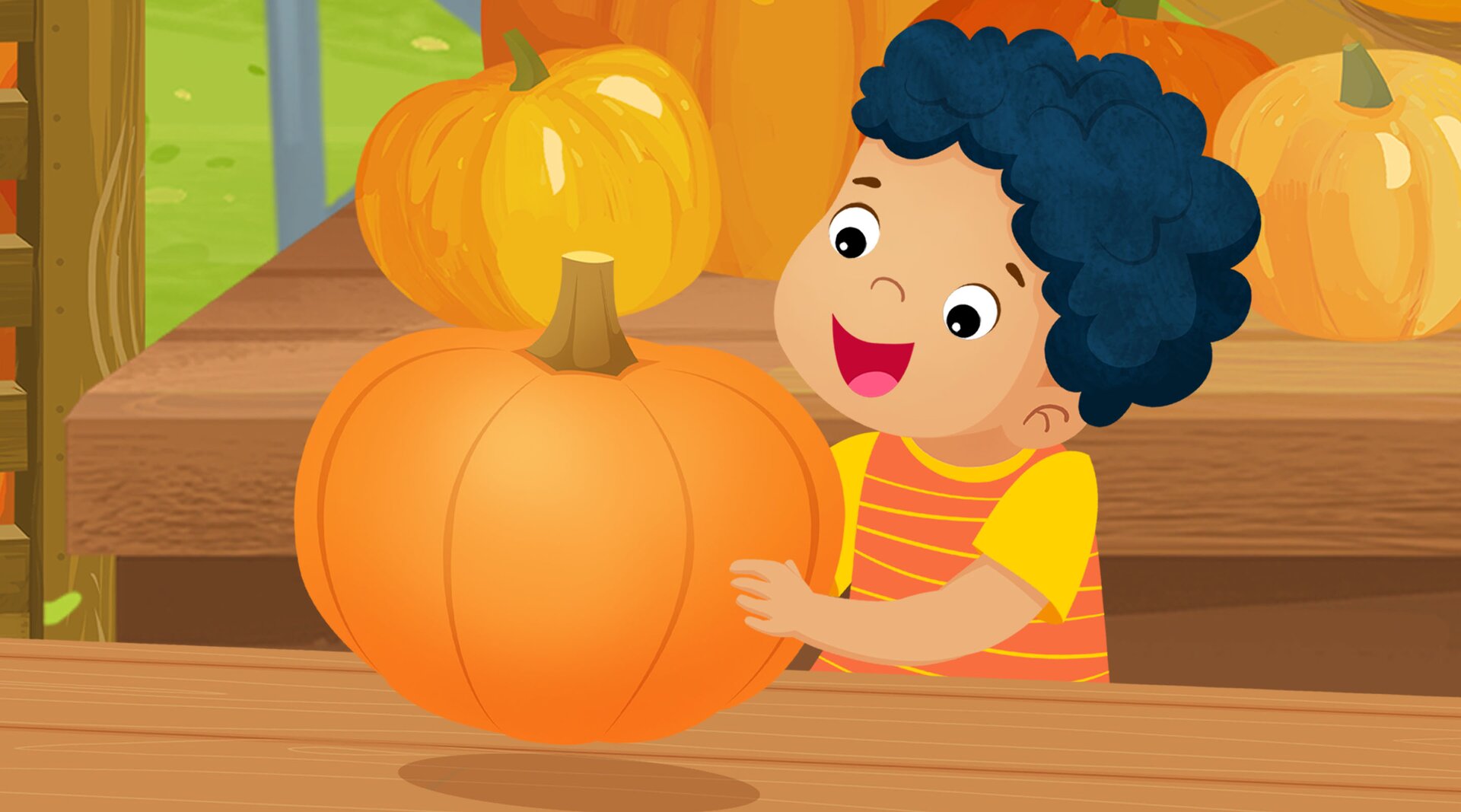 Na ilustracji znajduje się chłopiec z dynią.