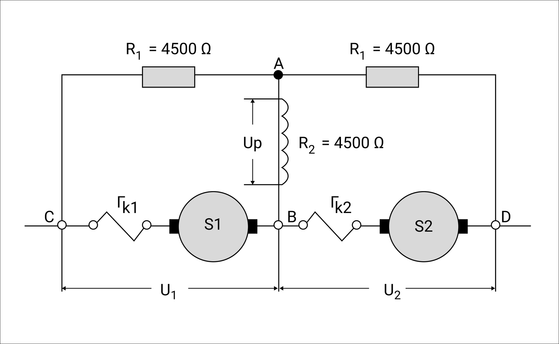 Ilustracja przedstawia układ połączeń przekaźnika przeciwpoślizgowego PVP‑20. Na schemacie obwodu znajdują się cztery węzły, oznaczone jako A, B, C i D. Między węzłami A i C oraz A i D znajdują się rezystory R jeden o wartości oporu cztery tysiące pięćset omów. Między węzłami C i B znajdują się dwa elementy, podpisane gamma k jeden oraz S jeden, a różnica napięcia między węzłami wynosi U jeden. Między węzłami B i D znajdują się dwa elementy, podpisane gamma k dwa oraz S dwa, a różnica napięcia między węzłami wynosi U dwa. Między węzłami A oraz B znajduje się cewka o oporze R dwa równym cztery tysiące pięćset omów, a różnica napięcia między węzłami wynosi U pe.