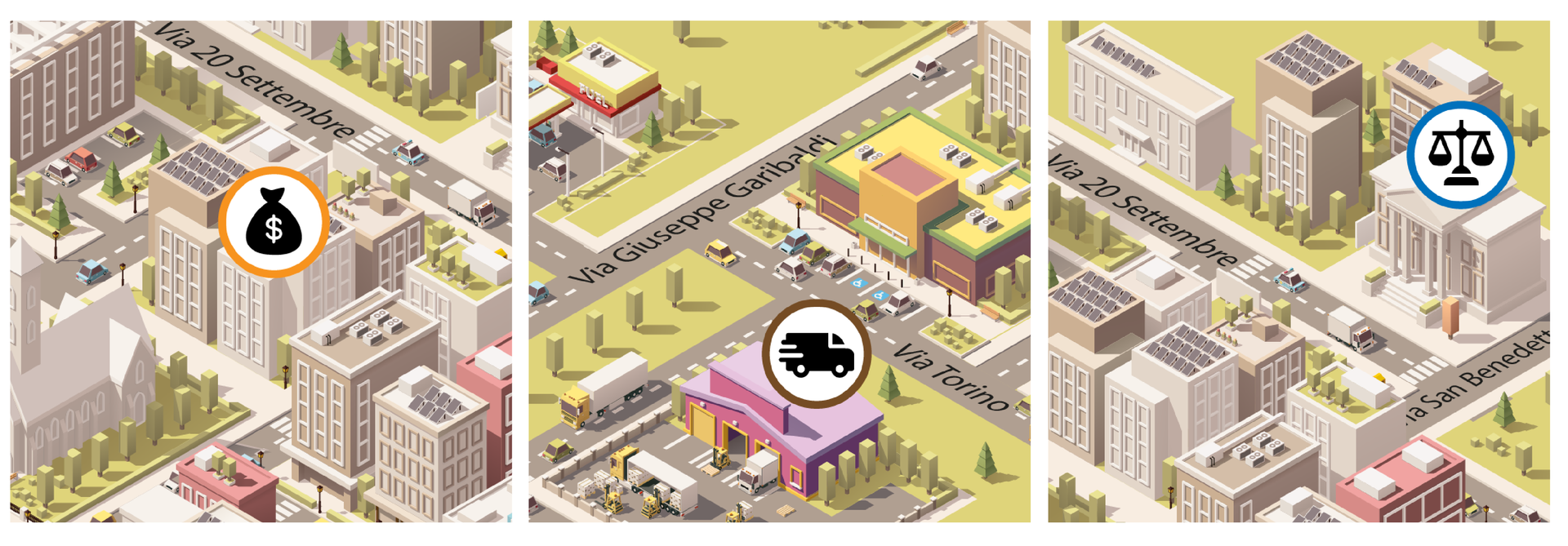 Ilustracja składa się z trzech grafik przedstawiających makiety miast. Na makietach umieszczone są budynki, ulice. Na grafice po lewej stronie kółkiem z symbolem worka z pieniędzmi oznaczony jest budynek banku. Na środkowej grafice kółkiem z symbolem ciężarówki oznaczony jest budynek biura logistyki i transportu. Po prawej na grafice symbolem wagi w kółku oznaczony jest budynek sądu.