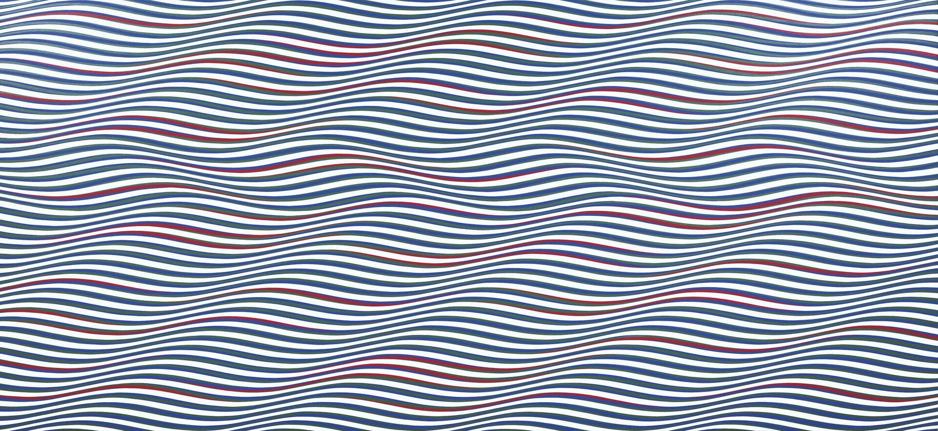 Ilustracja w formie prostokąta przedstawia dzieło będące przykładem iluzji optycznej. Praca składa się z poziomych falowanych linii w kolorze niebieskim i czerwonym. Dzięki zastosowaniu różnej grubości kreski obraz sprawia wrażenie ruchomego.