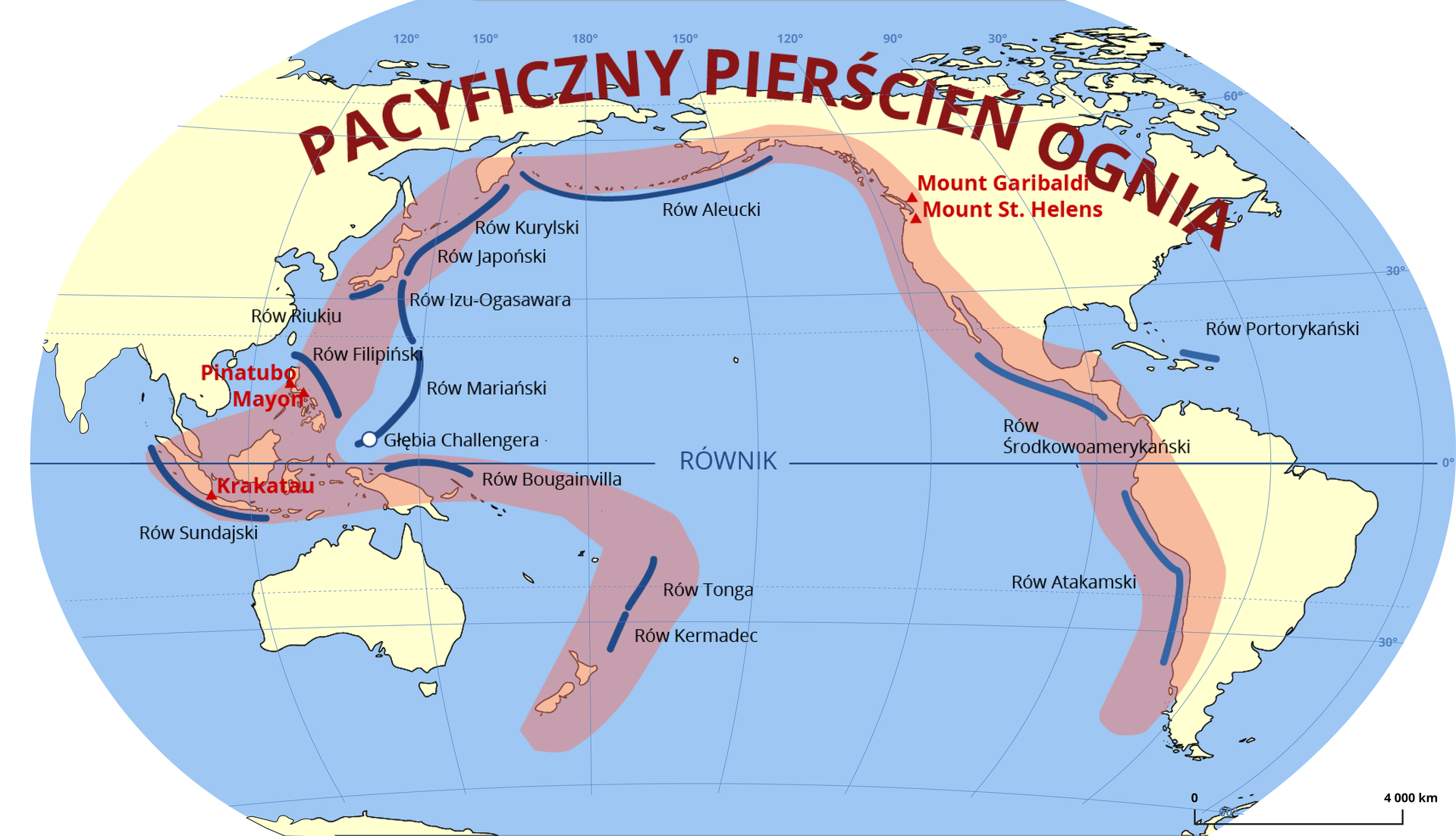 Na mapie świata zaznaczono Pacyficzny Pierścień Ognia - to strefa częstych trzęsień ziemi i erupcji wulkanicznych, złożona z pasu rowów oceanicznych, łuków wyspowych i aktywnych wulkanów, która otacza niemal nieprzerwanie Ocean Spokojny. Należą do niego: Rów Kermadec, Rów Tonga, Rów Bougainvilla, Głębia Challengera. Rów Mariański, Rów Filipiński, Rów Izu‑Ogaswara, Rów Japoński, Rów Kurylski, Rów Aleucki, Rów Środkowoamerykański, Rów Atakamski, Rów Sundajski, Rów Riukiu, Rów Portorykański. Na mapie zaznaczono następujące wulkany należące do Pacyficznego Pierścienia Ognia: Krakatau w Indonezji, Pinatubo, Mayon, Mount Garibaldi i Mount Saint Helens w Kanadzie.