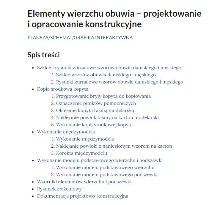 Grafika przedstawia spis treści. W kolejnych wierszach tytuły rozdziałów. Szkice i rysunki żurnalowe wzorów obuwia damskiego i męskiego. Szkice wzorów obuwia damskiego i męskiego. Rysunki żurnalowe wzorów obuwia damskiego i męskiego. Kopia środkowa kopyta. Przygotowanie bryły kopyta do kopiowania. Oznaczenie punktów pomocniczych. Oklejenie kopyta taśmą modelarską. Naklejanie powłok taśmy na karton modelarski. Wykonanie kopii środkowej kopyta. Wykonanie międzymodelu. Wykonanie międzymodelu. Naklejanie powłoki z naniesionym wzorem na karton. Korekta międzymodelu. Wykonanie modelu podstawowego wierzchu i podszewki. Wykonanie modelu podstawowego wierzchu. Wykonanie modelu podstawowego podszewki. Wzorniki elementów wierzchu i podszewki. Rysunek złożeniowy. Dokumentacja projektowo‑konstrukcyjna.