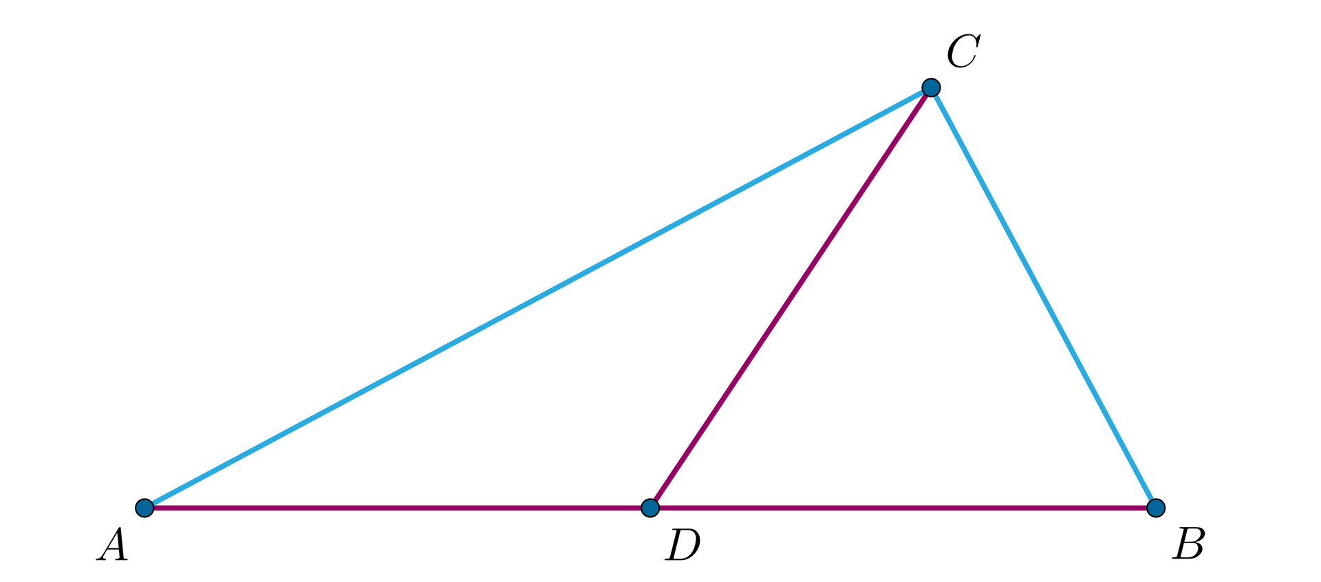 Ilustracja przedstawia trójkąt A B C. Z wierzchołka C poprowadzono środkową C D boku A B. Czerwonym kolorem zaznaczono odcinki A B i C D.