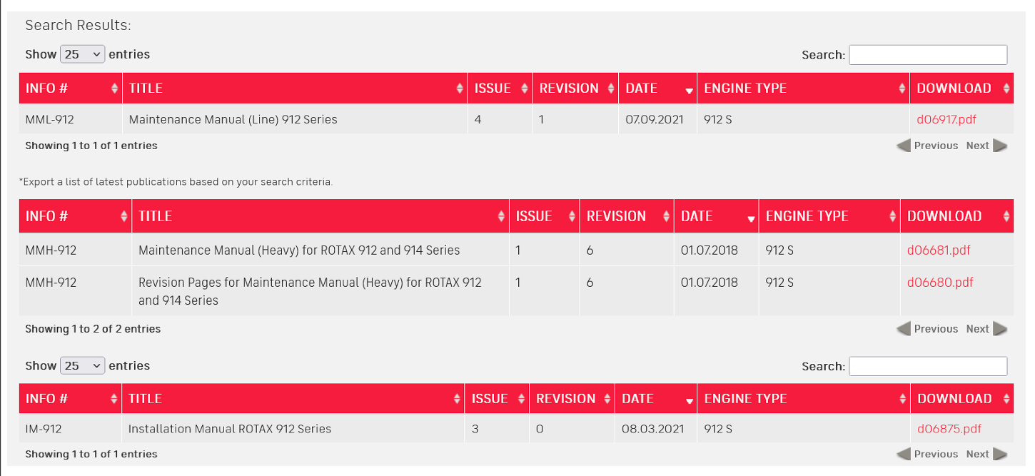 Ilustracja przedstawia stronę internetową na której jest lista uprzednio wyszukiwanej dokumentacji technicznej. Lista ta jest podzielona na kolumny, które opisują Numer dokumentu, tytuł, wydanie, rewizje, datę oraz rodzaj silnika.