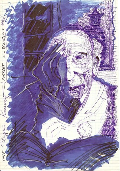 Ilustracja przedstawia karykaturę starszego mężczyzny ukazanego na wprost nas. Postać jest pokazana od piersi w górę. Mężczyzna ma łysinę, owalną twarz oraz wysokie, zmarszczone czoło. Pisarz ma przerzedzone brwi, duże oczy ze znacznymi zmarszczkami w kącikach i opuchlizną pod oczami. Nos mężczyzny jest wydatny, usta szerokie, uszy odstające. Postać zakrywa prawą dłonią połowę twarzy. Na przegubie lewej ręki ma zegarek z dużym cyferblatem. Mężczyzna opiera lewą rękę o otwartą książkę. Ubrany jest w marynarkę.