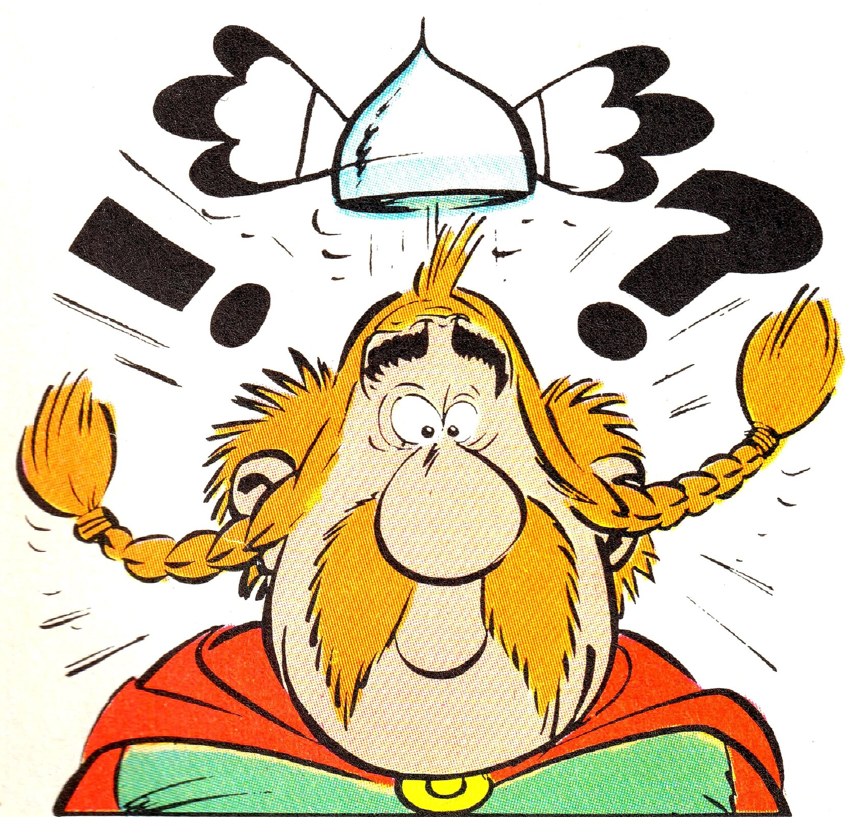 Ilustracja przedstawia fragment komiksu "Asterix legionista". Ukazuje jednego z bohaterów o krągłych rysach twarzy z zaplecionymi warkoczami, nad którym pojawiają się wykrzyknik i znak zapytania, wyrażające dezorientację. Stan bohatera podkreśla unoszący się hełm ze skrzydełkami.